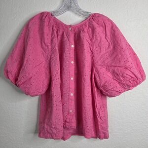 ON-34TH Eyelet Blouse XL Pink Puff Sleeve Cotton Cottagecore Romantic Boho